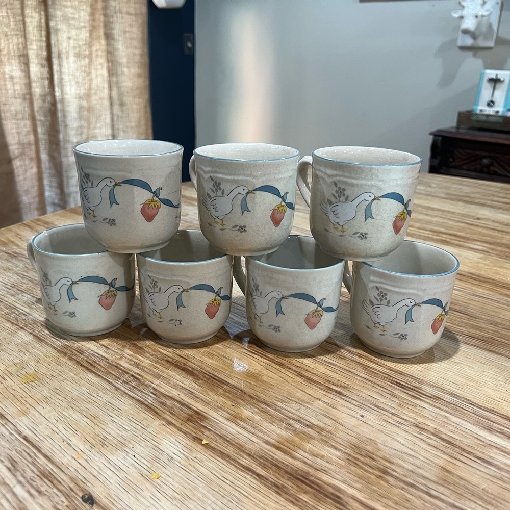 Set of Vintage Ceramic Mugs with Geese and Strawberry Design Set of 7.